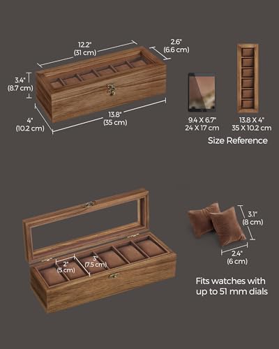 SONGMICS 6-Slot Watch Box, Watch Display Case with Large Glass Lid, Removable Watch Pillows, Velvet Lining, Gift Idea, Rustic Walnut UJOW006K01 - color: Rustic Walnut, size: 1 Layer 6 Slot