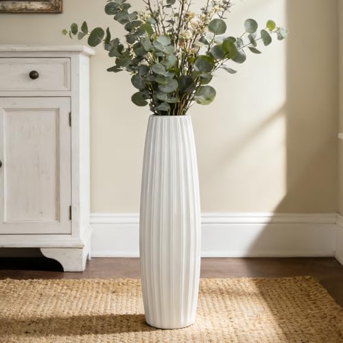 White Tall Floor Vase, 24" Ceramic Large Vase, Decorative Flower Vases for Modern Home Decor Living Room Office Bedroom Kitchen Wedding Centerpieces Farmhouse Décor - color: Vertical Stripes, size: Height-24 Inch