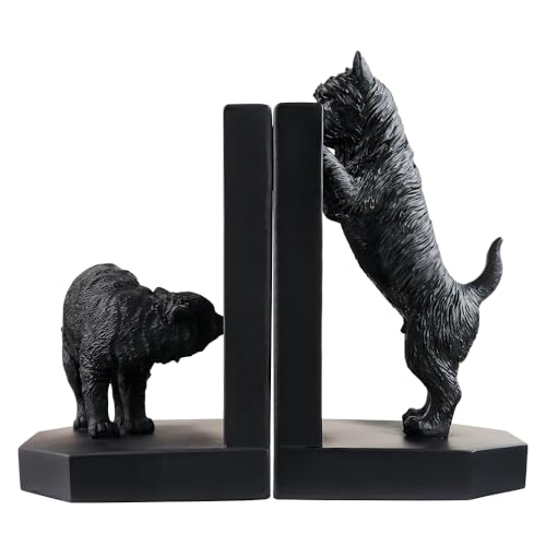 Decorative Bookends Cute Heavy Duty Book Ends, Dog and Cat Playing in The Fence Unique Modern Book Ends Stoppers Holders for Shelves Office, Black, Resin, 7.9" X 6.7"