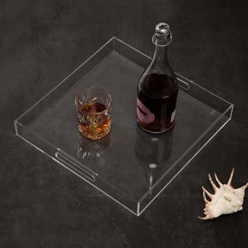 Clear Sturdy Acrylic Serving Tray with Handles - 14x14Inch - Coffee, Appetizer, Breakfast, Butler Tray - Kitchen Countertop & Makeup Drawer Organizer - color: Clear, size: 14" x 14" x 2"