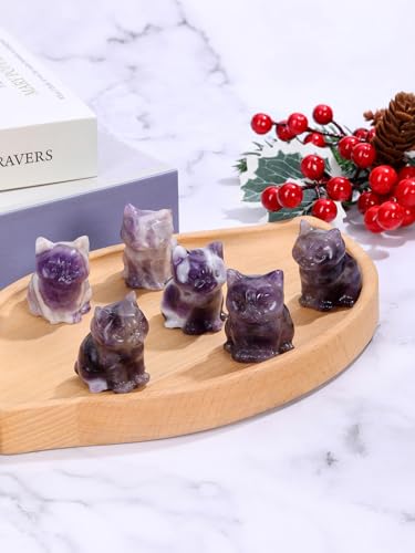 Jovivi 1.5" Amethyst Cystal Cat Statue Natural Stone Carved Cute Pocket Sitting Cat Figurines Sculpture Home Desk Christmas Decorations Gifts - color: Purple - Amethyst Crystal