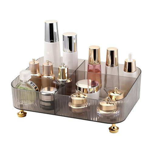 DASITON Makeup Organizer Countertop for Vanity, 5 Slots Makeup Brush Holder Organizer, Vintage Makeup Perfume Tray Cosmetic and Skincare Organizers for Bedroom Bathroom Counter, Desk Storage (Grey) - color: Grey
