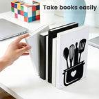 2pcs Black Metal Bookends with Tableware Patterns Adjustable Book Ends for Shelves Heavy Duty Iron Book Stopper with 8 Non-Slip Pads Kitchen Bookends for Cookbooks Vinyl Records Office