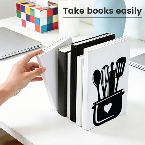 2pcs Black Metal Bookends with Tableware Patterns Adjustable Book Ends for Shelves Heavy Duty Iron Book Stopper with 8 Non-Slip Pads Kitchen Bookends for Cookbooks Vinyl Records Office