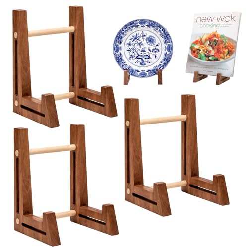 3 Pack Wooden Plate Display Stands with White Oak Dowel 6.5 Inch Wood Plate Holder Stand for Displaying, Rustic Wooden Picture Frame Easels Holder for Photo Platter Artwork Tabletop Decor