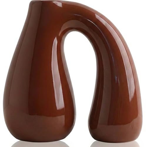 Brown Ceramic Vase for Modern Home Decor, 7.5" Sculptural U-Shape Pitcher Vase with Arch Handle, Small Earth-Tone Aesthetic Flower Vase for Pampas Grass, Dried Flowers, Shelf Entryway Decor PROBENEX - color: Brown