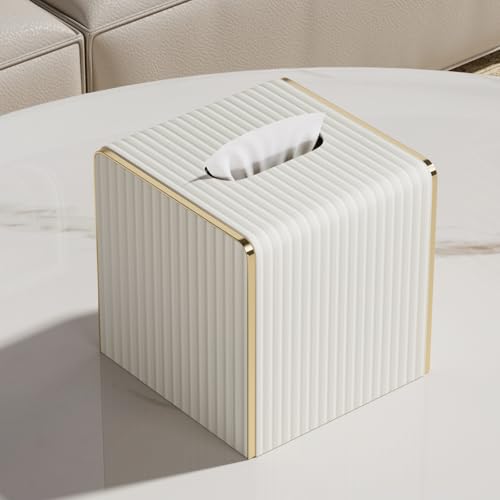 Tissue Box Cover,White Square Leather Tissue Box Holders with Gold-Tone Edging Decoration, Tissue Vessel for Bathroom Toilet Bedroom Living Room Table Desk Office,Modern Home Decor - color: Cream White, size: Square Standard