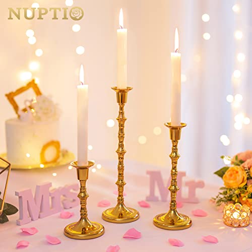 Nuptio Brass Candlestick Holders for Centerpiece: Set of 3 Gold Taper Candle Stick Holders for Home Dining Table Fireplace Decor - color: Gold, size: 1 set/ 3 pcs