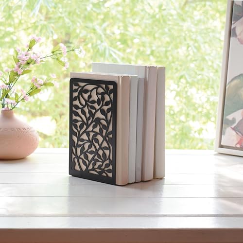 CNK Book Ends for Shelves - Metal Holders for Home Office Heavy Books, Shelf Stoppers, Decorative Set of 2 Black Infinite Leaves Bookends - color: Black