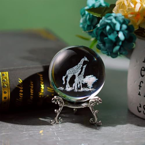 3D Laser Engraved Mom and Baby Giraffes Crystal Ball Paperweight Art Glass Animals Figurine Collectibles Glass Decorative Full Sphere with Stand Giraffe Gifts - color: Giraffe