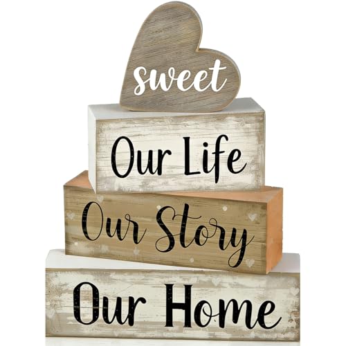 4 Pcs Farmhouse Tabletop Decor Rustic Wooden Block Set for Kitchen Shelf Mantel Family Home Warm Heart Sign Housewarming Gift - style: Home