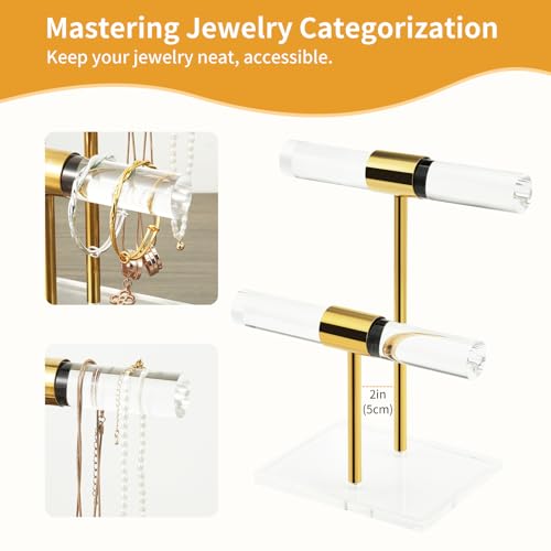 Acrylic Bracelet Holder, Necklace Holder Display Stand, 2 Tier T-Bar Jewelry Organizer, Stainless Rod Tangle-free Countertop Jewelry Rack for Vendors Retail Store Home, Gfit for Women - size: 2 Tier
