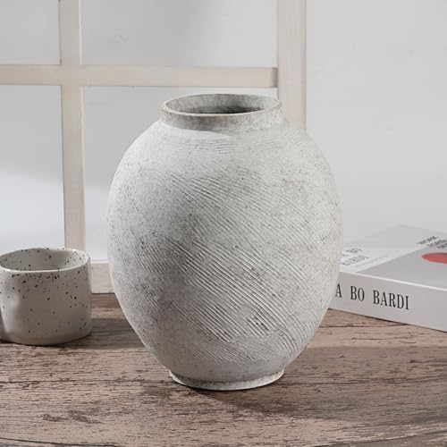 Large Textured White Ceramic Pottery Vase - 9.6'' Tall Rustic Farmhouse Round Vases for Home Decor, Big Decorative Terracotta Vase for Living Room, Fireplace, Table, Shelf - style: Modern Farmhouse Barn