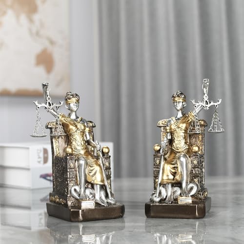 Goddess of Justice Resin Statue Bookend Set of 2 Lady Justice Sculpture - Athena Statue Home Decor, Lawyer Office Desk Organizer, Legal Theme Gift