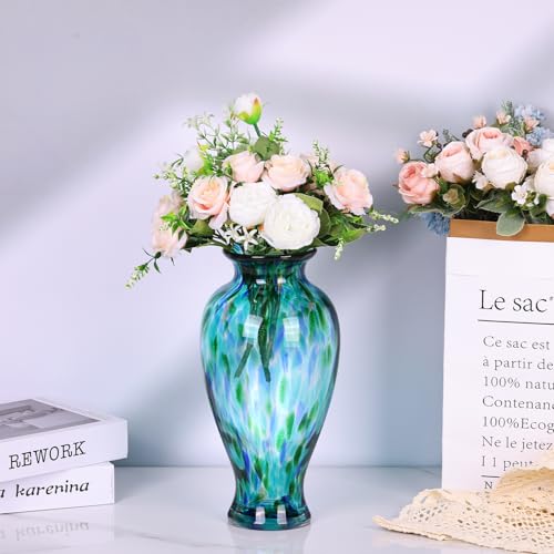 Hand Blown Glass Vase 11.8" Tall Beautiful Turquoise Sea Wide Mouth Bud Vase for Table Centerpiece, Painted Colorful Murano Glass Flower Vases for - Home Entrance Wedding Center - color: Turquoise