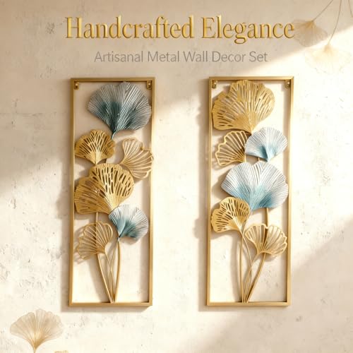 Set of 2 Gold & Blue Ginkgo Leaf Metal Wall Art, 33.5"x12.2" Modern Framed Wall Sculpture, Luxury Spring Home Decor for Living Room Bedroom Bathroom, Elegant Gift for Wedding Housewarming Mother's Day for Homeowners
