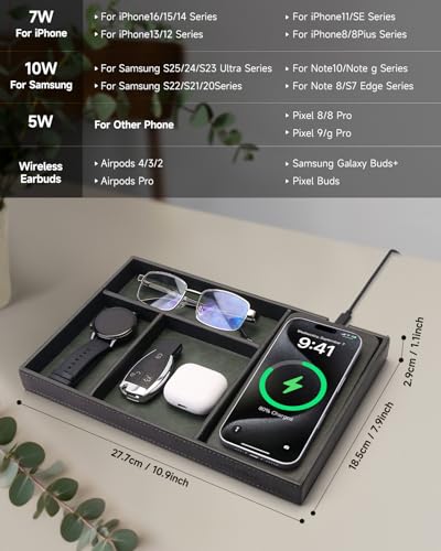 Valet Tray, Built in Wireless Charging Pad, Nightstand Organizer, Two-Toned Premium Vegan Leather Desk Bedside Caddy Organizer Tray for Keys, Watch, Wallet, Jewelry (Black+Green) - color: Black+Green