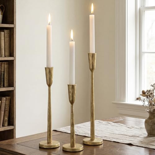 Qinyoung Set of 3 Antique Brass Candlestick Holders Cast Iron Taper Candle Holder Vintage Decorative Candle Stand Candlestick Holder for Wedding Table Dining Home Decoration