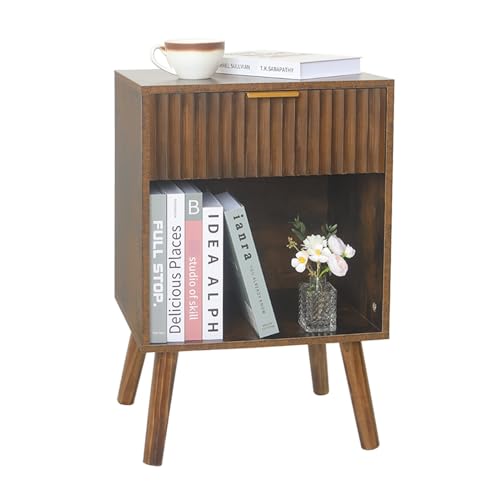 Fultyle Mid Century Modern Nightstand, Wood Bedside Table with Drawer and Opening Storage, End Table Living Room Fluted Night Stand with Solid Wood Legs for Bedroom (Rustic Brown) - color: Rustic Brown