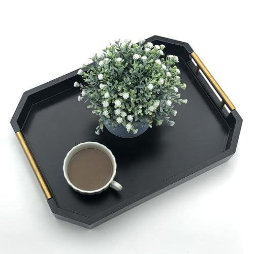 Serving Tray with Polished Metal Handles, Hexagon Coffee Table Tray, Modern Rectangle Decorative Tray, Large Ottoman Tray, Perfect for Storage and Display (Black Rectangle) - color: Black Rectangle