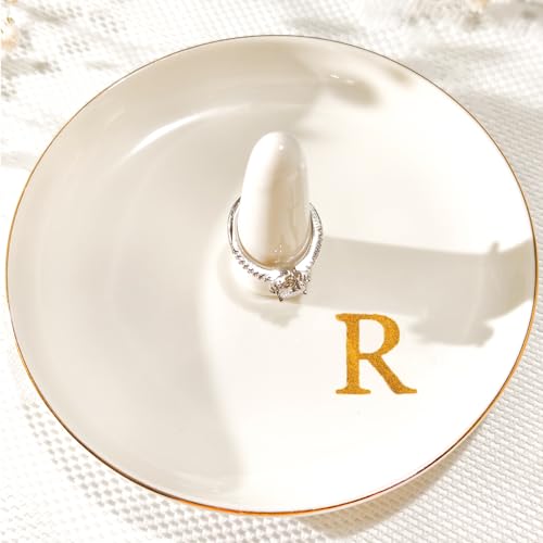Ceramic Initials Jewelry Tray Ring Dish With Personalized R-Monogrammed Engagement Wedding Gifts, for Birthday Mother's Day for Women, Ceramic White 4.7" x2.4" - style: R