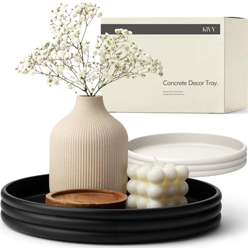 KIVY Round Decorative Concrete Tray 11x1,5 Inch - Modern Circle Coffee Table Bowl - Home Decor Table Tray for Livingroom & Bedroom - Modern Decorative Trays - Black Flat Bowl - Centerpiece Trays - color: Black, style: Tray