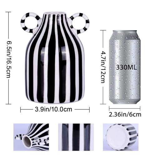 Black and White Ceramic Vase with Handle, Nordic Boho Small Vases Side Table Flower Centerpiece, Wide Mouth Single Flower Vase Pampas Grass Decorative - For Home Window Sill Living Dining Room Kitchen - color: Black and White