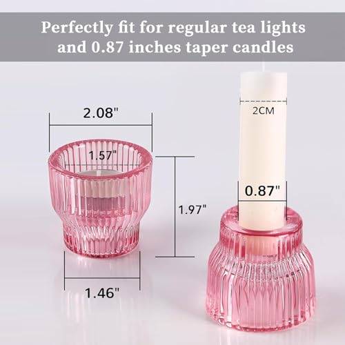 HAVITI 12 Pack PinkTaper Candle Holders, Glass Candlestick Holders, Tea Light Candle Holder for Fall Wedding Centerpieces Table Decorations, Votive Candle Holders for Table Decor - color: Pink