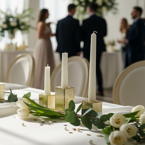LETINE 12pcs Gold Vertical Stripe Glass Candlestick Holders - Chic Taper Candle Sticks Holder Set for Elegant Dining & Home Decor - Wedding Centerpieces, Parties, and Celebrations - color: Gold