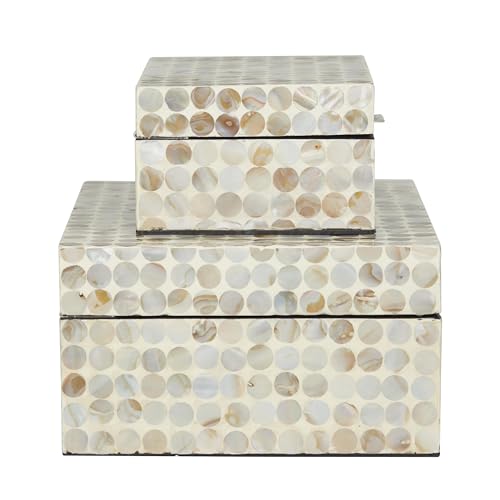 Deco 79 Mother of Pearl Shell Geometric Handmade Decorative Box Decorative Keepsake Boxes with Hinged Lid, Set of 2 Storage Boxes 12", 8"W, Cream - color: Beige, size: 12", 8"W