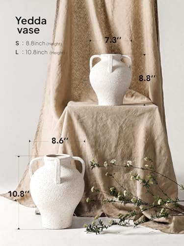 White Ceramic Vase - 8.8 Inch Rustic Farmhouse Centerpieces with Handles for Home Decor, Decorative Flower Vases for Living Room Table, Bathroom, Holiday & Weddings(Rock Sand White) - color: Rock Sand White-8.8"