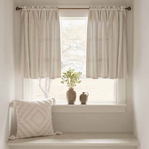 jinchan Taupe Striped Linen Kitchen Curtains 24 Inch Cafe Tier Curtains Balanced Stripe Farmhouse Small Drapes for Bathroom Laundry Over Sink Half Window Light Filtering 2 Panels Tan on Linen - color: Striped Tan on Linen, size: 26"W x 24"L (Pack of 2)
