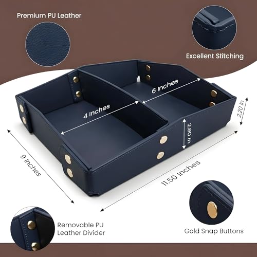 Valet Tray Organizer for Men & Women - PU Leather Catch All Tray with Removable Divider - EDC Storage for Keys, Watch, Phone - Nightstand, Dresser & Desk Organizer - Pacific Navy - color: Pacific Navy