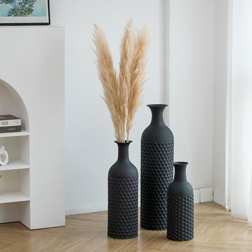 Sziqiqi Large Black Vases Tall 27inch - Metal Floor Standing Vase Set of 3 Modern Honeycomb Texture Big Standing Vase for Living Room Dining Bedroom Home Corner Hallway Indoor Office - style: Large Black Vases