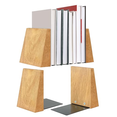 Book Ends for Office Accessories - 2 Pairs Handmade 100% Solid Wood Decorative Bookends with Metal Base - Heavy Duty Non-Skid Shelf Organizer for Books