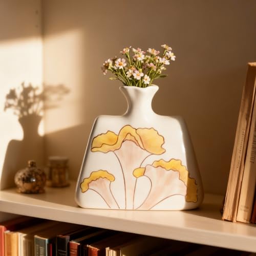 Modern Ceramic Flat Vase - 6.1" Small Decorative Flower Vase with Yellow Botanical Pattern - Boho Minimalist Home Decor for Bookshelf, Mantle & Desk