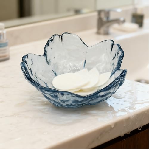 Flower Ring Dish Jewelry Tray, Glass Jewelry Dish Tray, Aesthetic Room Decor Small Trinket Dish, Nightstand Jewlery Ring Holder Dish, Bathroom Jewelry Plate Bowl for Rings Earrings Wife Gift (Blue) - color: Blue