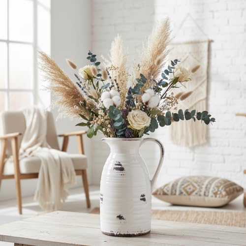 hjn Farmhouse Pitcher Vase for Flowers- Ceramic Pitcher Vase Decrative Pitchers for Your Kitchen/Home Decor/Office/Living Room/Bookshelf/Mantel/-White and Antique - color: White and Qntique Pitcher Vase