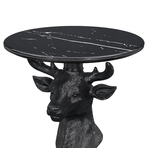 Modern Accent Table with Black Deer Sculpture Base, Minimalist Faux Marble End Table for Living Room Reception Area & Bedroom, 19.69 Inches Wide × 25.59 Inches High - style: black deer