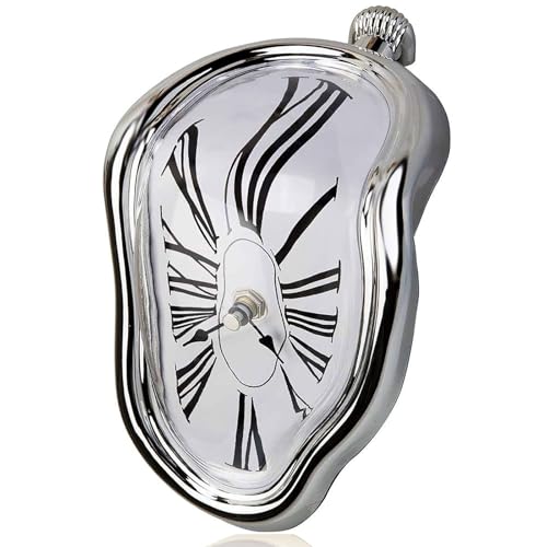 Melting Shelf Clock Art Decor - Salvador Dali Surreal Dripping, 8x4 in Bright Silver Polished Shelf & Desk Gift - color: Silver