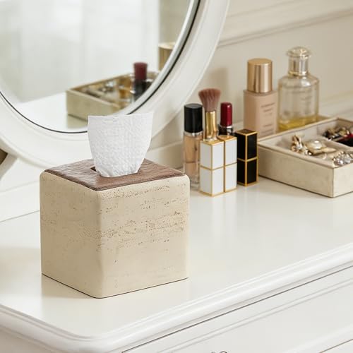 Natural Travertine & Wood Textures Tissue Box Cover Square for Home Decor,Resin Heavy Tissue Box Holder for Bathroom Countertop,Tabletop,Bedside Table,Office (Handmade of Resin) - color: Travertine & Wood