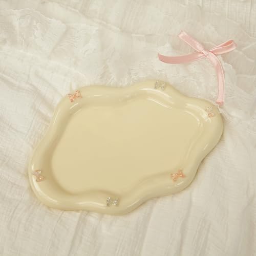 Jewelry Dish Trinket Tray for Women, Ring Dish Holder, Unique Cloud Shape Ceramic Plate Cute Things Vanity Aesthetic Room Decor Mother's Day Birthday (Bow Cream) - color: Bow Cream