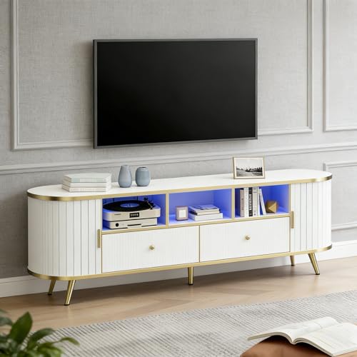70 inch Fluted TV Stand, Luxury Modern TV Console & Media Entertainment Center for Living Room with Curved Profile, 2 Drawers, Storage Cabinet, and LED Lights, White, Holds TVs Up to 80"
