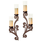 Augustine Scrollwork Bronze Candle Wall Sconce Pair | Metal Designs with Included Hurricane Style Glass Candleholder - color: Bronze