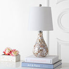 JONATHAN Y 20.5" Seashell Coastal Mini LED Table Lamp for Living Room Office, White Linen Drum Shade, Modern Mother of Pearl Bedside Nightstand Lamp, LED Bulb Included JYL1024A - color: Seashell
