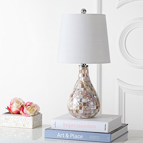 JONATHAN Y 20.5" Seashell Coastal Mini LED Table Lamp for Living Room Office, White Linen Drum Shade, Modern Mother of Pearl Bedside Nightstand Lamp, LED Bulb Included JYL1024A - color: Seashell