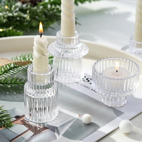Ribbed Glass Candlestick Holders 6PCS Clear Candle Stick Holders for Tealight Taper Candles Dining Table Centerpieces Holiday Decoration - color: Clear