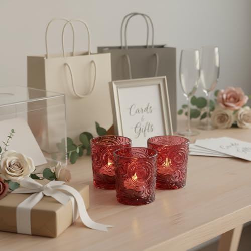 12 Pack Patented Sun Moon Star Embossed Glass Tea Light Candle Holders - Unique Votive Candle Holders for Wedding, Party, and Table Centerpieces (Wildberry Red) - color: Wildberry Red