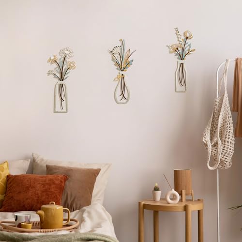 Pigort 3 Pieces Metal Flowers Wall Art- Rustic Farmhouse Decor Minimalist Decor for Living Room Bathroom Bedroom Dining Room, Housewarming Gifts Christmas Decoration(Beige, Vase-C) - color: Beige Gold