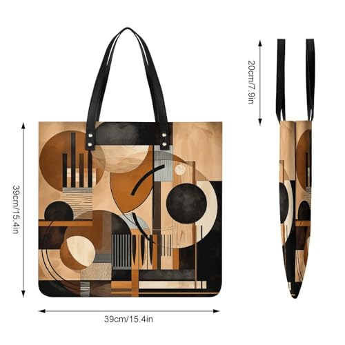 Beige And Black Objects Tote Bag for Women, Large PU Leather Handbag, Reusable Shopping Bag for Work, Travel, Beach